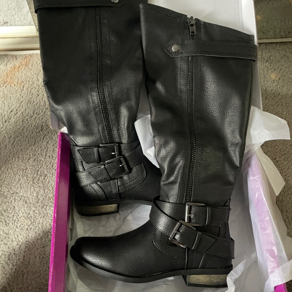 Rampage Knee-High Double Buckle Black Boots